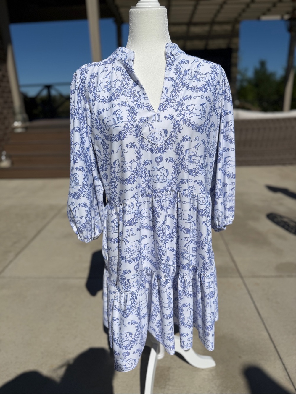 Blue & White Printed Tiered Dress